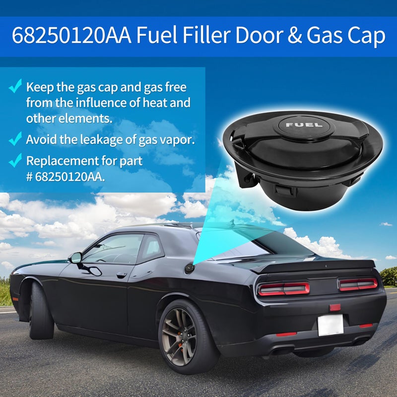 ShineUs 68250120AA Fuel Filler Door & Gas Cap Compatible with Dodge Challenger 2008, 2009, 2010, 2011, 2012, 2013, 2014, 2015, 2016, 2017, 2018, 2019, 2020ï¼Œ2021ï¼ŒMatte Black - Image 2